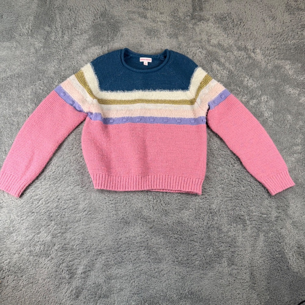 Design History Girls Striped Knit Sweater Pink Teal Metallic Sparkle Size L